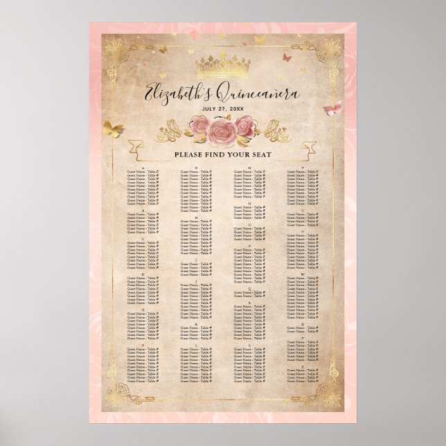Rosa Rose & Gold Alphabetische Sitzkarte Poster (Vorne)