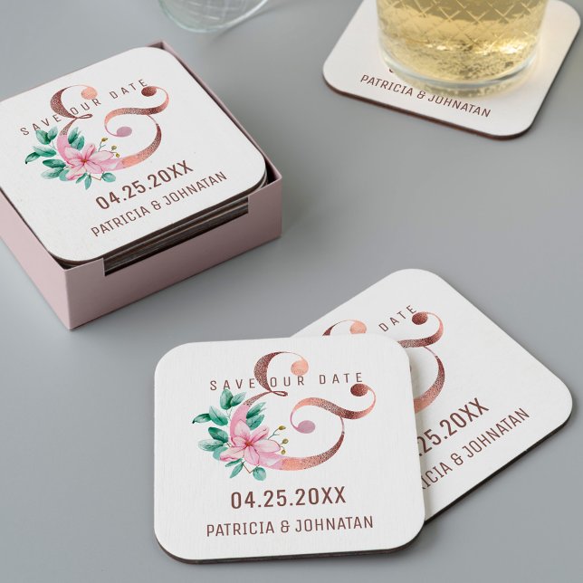 Rosa Rose Gold Ampere und rett Datum Hochzeit Rechteckiger Pappuntersetzer (Von Creator hochgeladen)