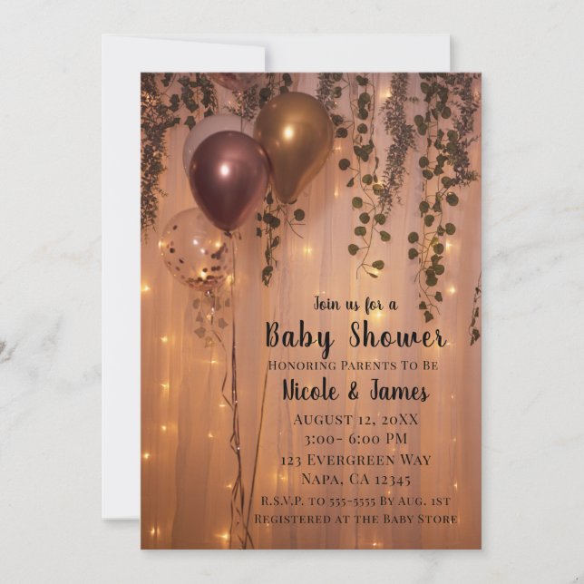 Rosa Rose Gold Balloons Lights Ivy Baby Dusche Einladung (Vorderseite)