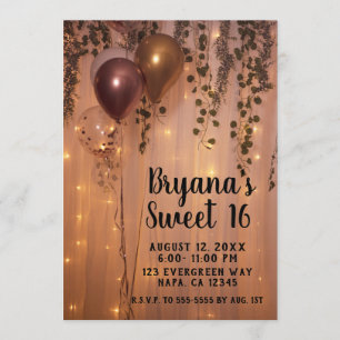 Rosa Rose Gold Balloons Lights Rustikale Ivy Sweet Einladung