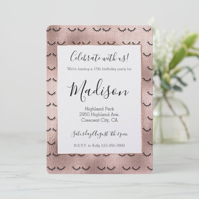 Rosa Rose Gold Black Eyelashes Einladung (Stehend Vorderseite)