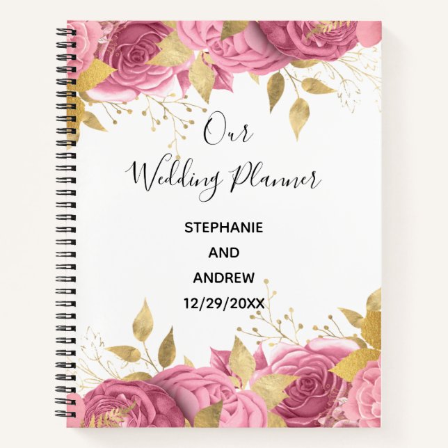 Rosa Rose Gold Blätter Elegante Hochzeitspläne Notizbuch (Vorderseite)