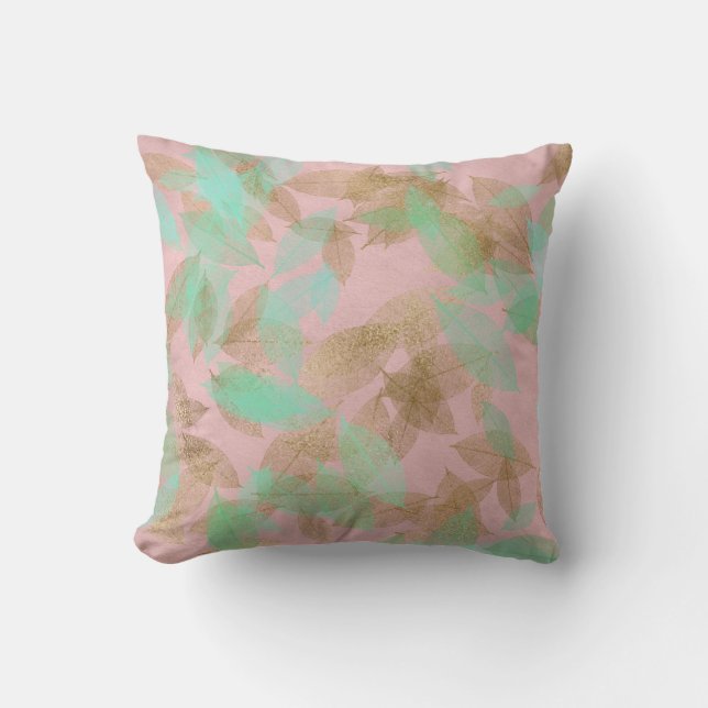 Rosa Rose Gold Blätter Minze Grüne Pastel Kissen (Vorderseite)