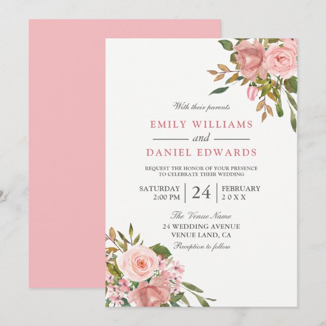 Rosa Rose Gold Blume Elegante Hochzeit Einladung (Vorne/Hinten)