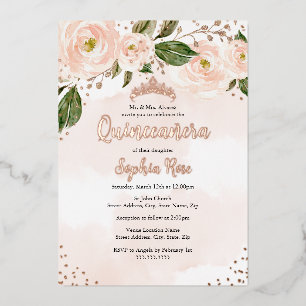 Rosa Rose Gold Blume Tiara Quinceanera Folieneinladung