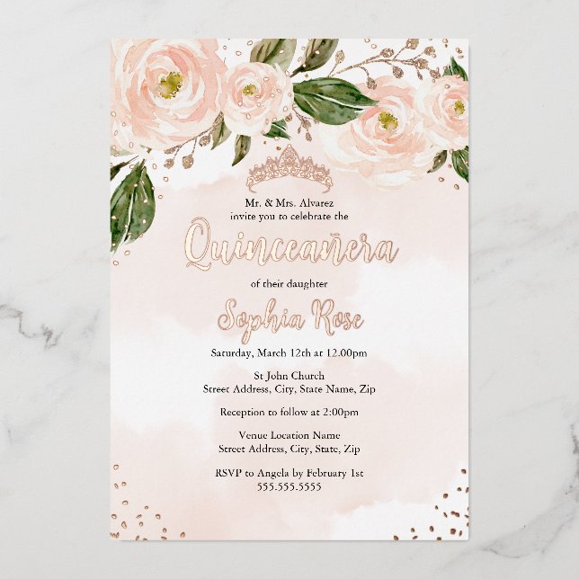 Rosa Rose Gold Blume Tiara Quinceanera Folieneinladung (Vorderseite)