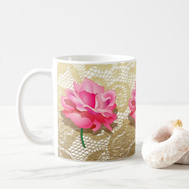 Rosa Rose Gold Blumenspitze Kaffeetasse (Mit Donut)