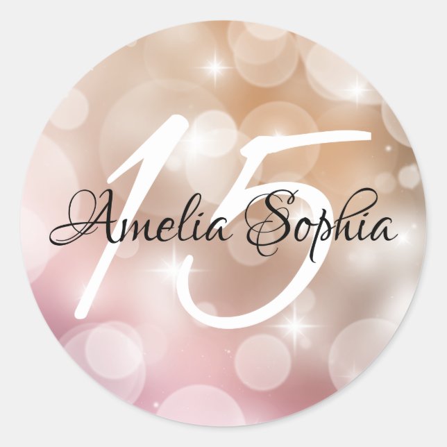 Rosa Rose Gold Bokeh Quinceanera Runder Aufkleber (Vorderseite)