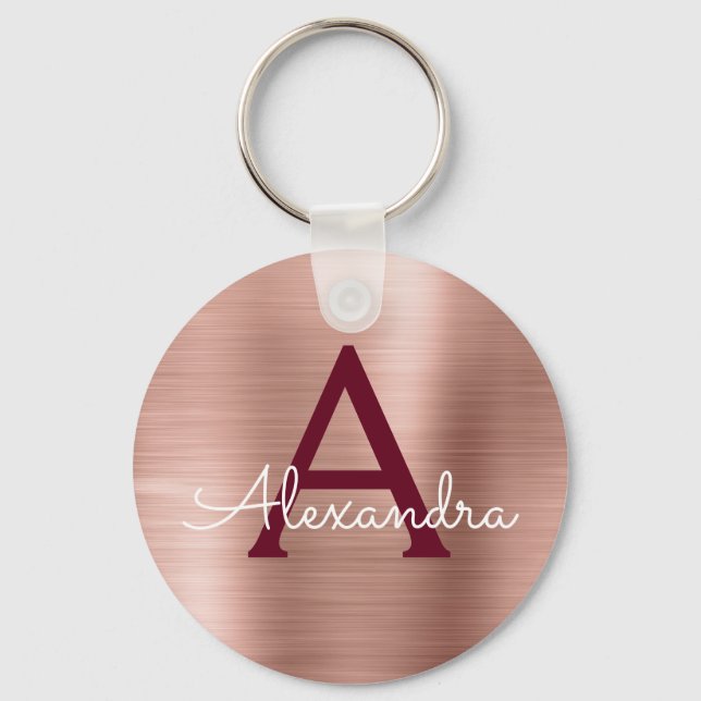 Rosa Rose Gold Burgund Edelstahl Monogramm Schlüsselanhänger (Vorderseite)