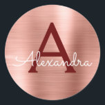 Rosa - Rose Gold Burgund Metallic Monogramm Runder Aufkleber<br><div class="desc">Blush Pink - Rose Gold und Burgund Imitate Girly Metallic Edelstahl Foil Elegant Sticker. Dieser Aufkleber kann so angepasst werden,  dass er Ihren Anfangs- und Vornamen für ein Geschenkpaket enthält.</div>