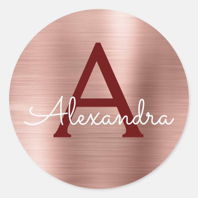 Rosa - Rose Gold Burgund Metallic Monogramm Runder Aufkleber (Vorderseite)