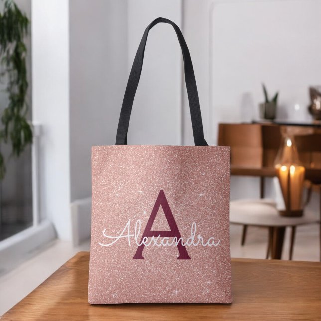Rosa Rose Gold Burgund Sparkle Elegantes Monogramm Tasche (Von Creator hochgeladen)