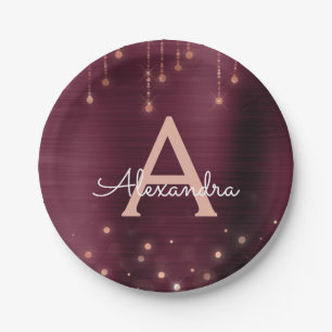 Rosa Rose Gold Burgundy Sparkle Monogram Birthday Pappteller