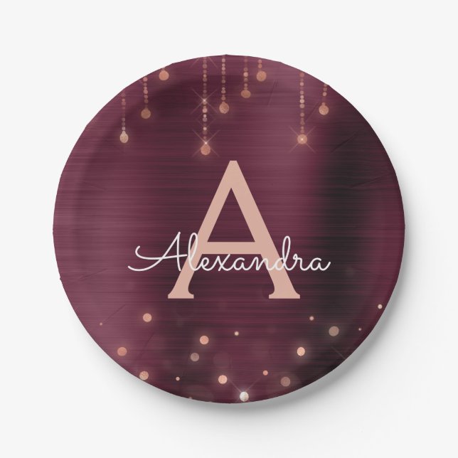 Rosa Rose Gold Burgundy Sparkle Monogram Birthday Pappteller (Vorderseite)