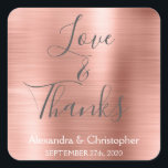 Rosa Rose Gold Chic Metallic Liebe & Danke Quadratischer Aufkleber<br><div class="desc">Blush Pink - Rose Gold und Karkohle Gray Typografie Script Imitate Imitate Metal Metallic Elegant Liebe und Danke - Danke, dass Sie für Sticker, der als Umschlag Aufkleber verwendet werden kann. Dieser Aufkleber kann auf Ihren Namen und Ihr Hochzeitsdatum angepasst werden. Dieser Aufkleber ist Teil einer passenden Hochzeitskollektion und weitere...</div>