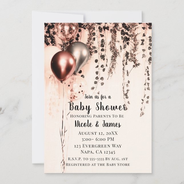 Rosa Rose Gold Cream Metallic Balloons Babydusche Einladung (Vorderseite)
