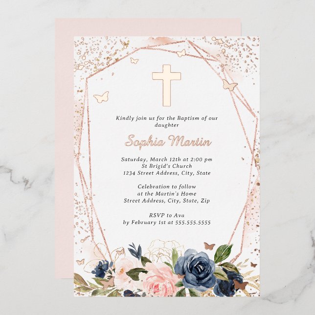 Rosa Rose Gold Cross Blumengymnastik Folieneinladung (Vorderseite/Rückseite)