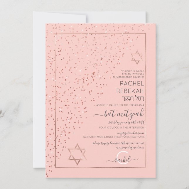 Rosa Rose Gold Diagonal Confetti Bat Mitzvah Einladung (Vorderseite)