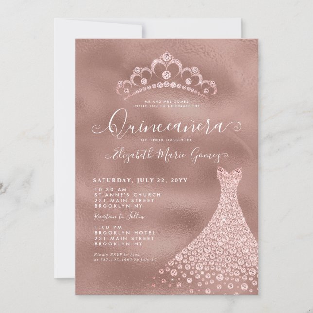 Rosa Rose Gold Diamond Tiara Kleidung Quinceanera Einladung (Vorderseite)