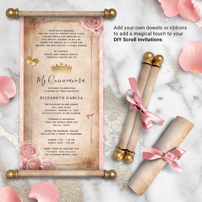 Rosa Rose Gold DY Rosa Rose Einladungen in der Rol (DIY scrolls do not come with dowels. Add your own or roll up with a ribbon for a personalized touch!)