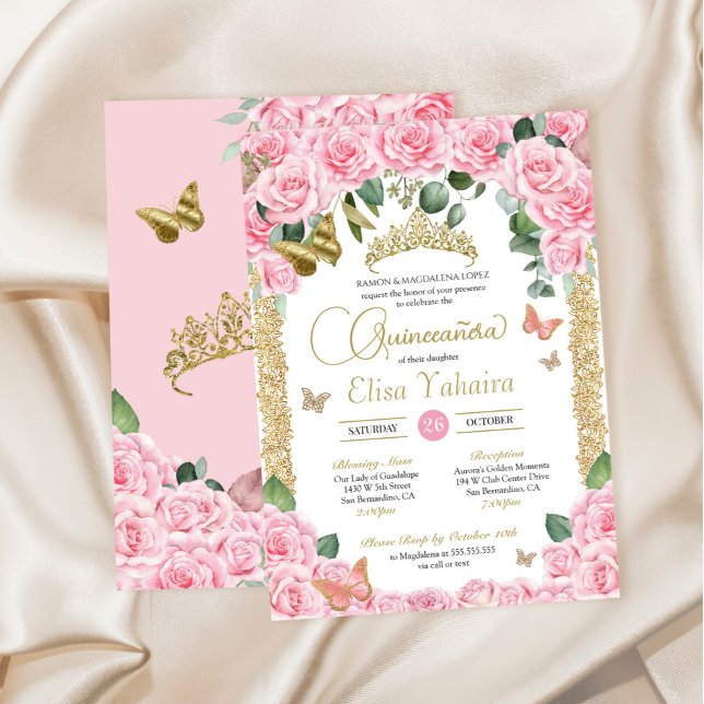 Rosa Rose & Gold Eleganter Schmetterling Quinceane Einladung (Von Creator hochgeladen)