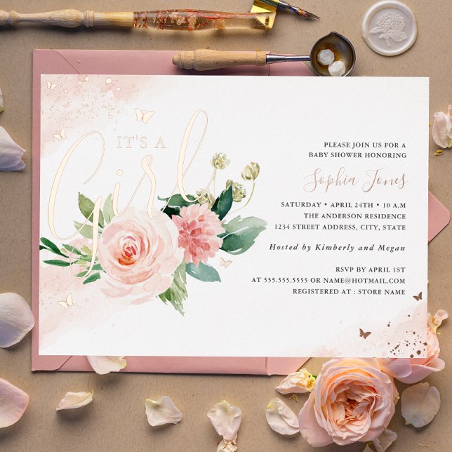 Rosa Rose Gold Es ist eine Girl Baby Dusche Folieneinladung (Von Creator hochgeladen)