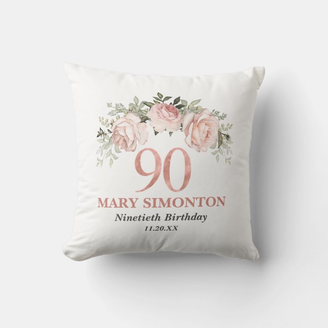Rosa Rose Gold Floral 90. Geburtstag Kissen (Vorderseite)