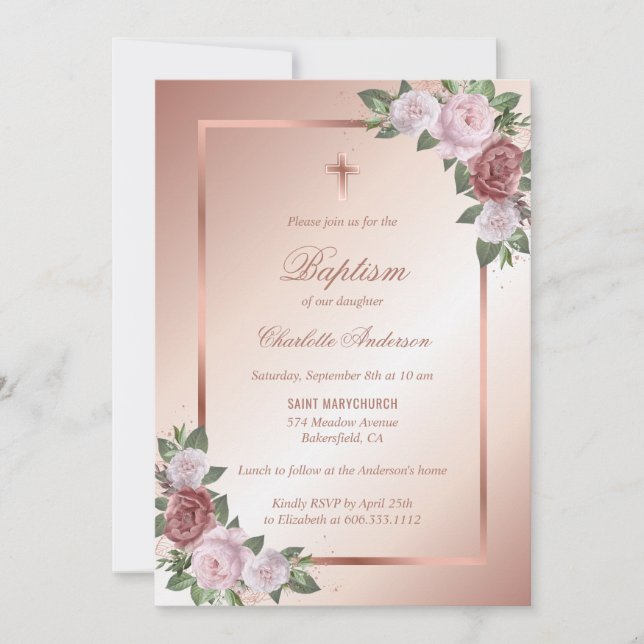 Rosa Rose Gold Floral Girl Taufe Einladung (Vorderseite)