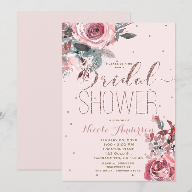Rosa Rose Gold Floral Modernes BRAUTPARTY Einladung (Vorne/Hinten)