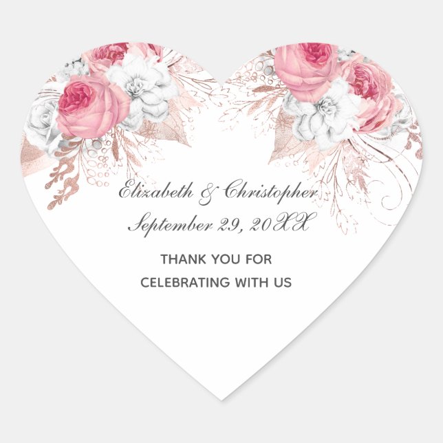 Rosa Rose Gold Floral Trendy Gastgeschenk Hochzeit Herz-Aufkleber (Vorderseite)