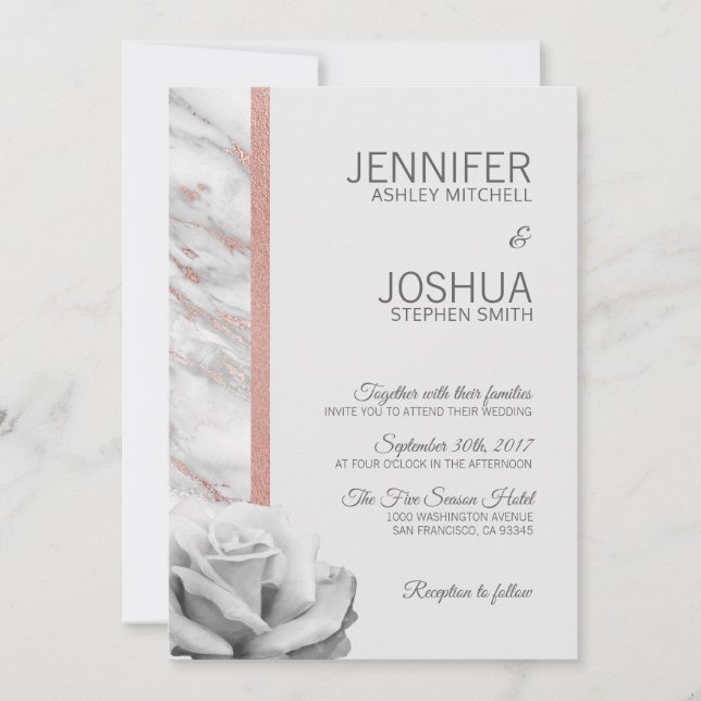 Rosa-Rose-Gold-Foil-Marmor Grau-Hochzeit Einladung (Vorderseite)