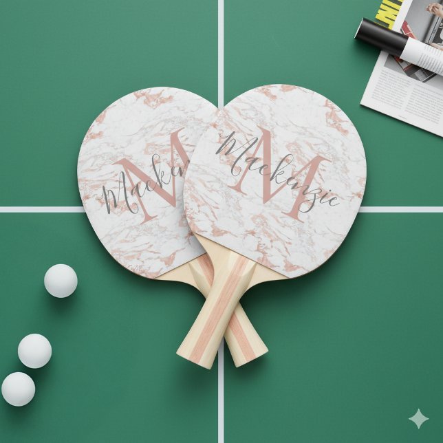 Rosa Rose Gold Foil Marmor Monogramm Tischtennis Schläger (Pink Rose Gold Foil Marble Monogram Ping Pong Paddle)