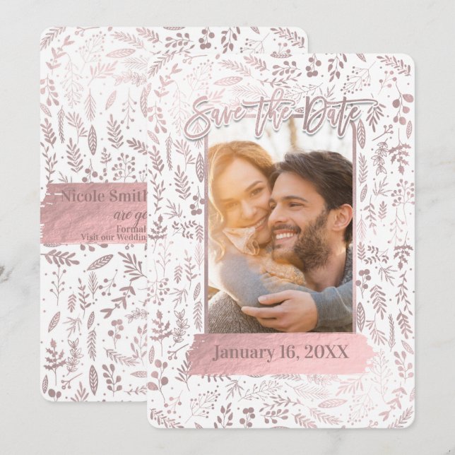 Rosa Rose Gold Foil Modernes, Save the Date Foto Einladung (Vorne/Hinten)