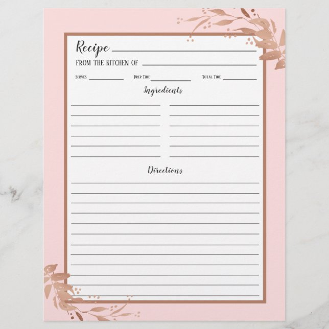 Rosa Rose Gold Foliage Recipi Binder Page (Vorderseite)
