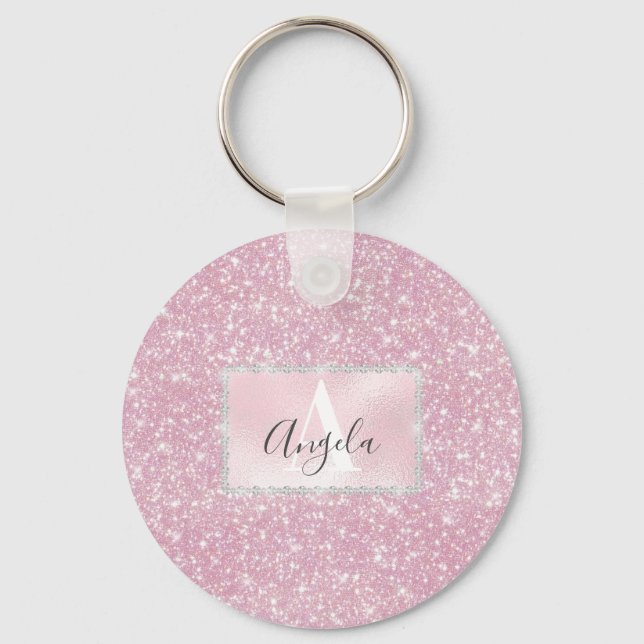Rosa Rose Gold Funkelnd Glitzer Monogram Girl Schlüsselanhänger (Vorderseite)