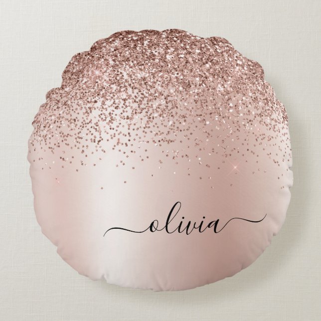 Rosa Rose Gold gebürstetes Metal Monogramm Name Rundes Kissen (Vorderseite)