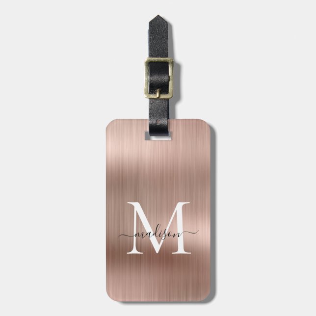 Rosa Rose Gold gebürstetes Monogram Gepäckanhänger (Vorderseite vertikal)