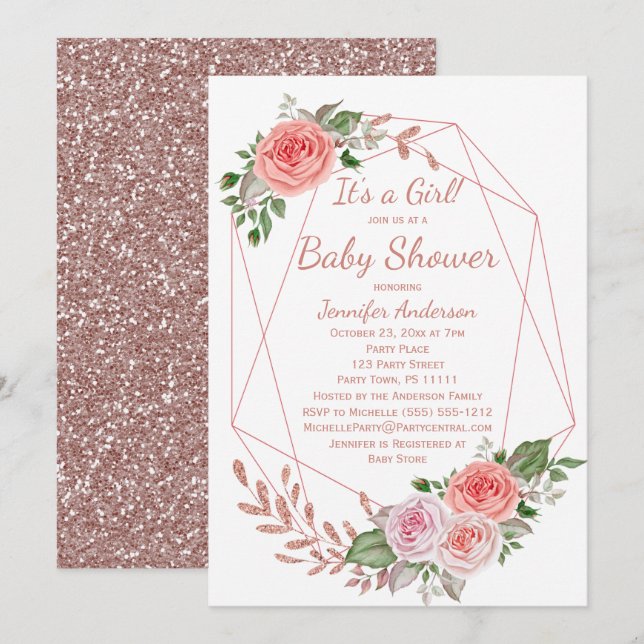 Rosa Rose Gold Girl Babydusche Einladung (Vorne/Hinten)