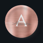 Rosa Rose Gold Girly Metallic Monogram Birthday Pappteller<br><div class="desc">Blush Pink Rose Gold Imitats Girly Stainless Steel Foil Elegant Birthday Monogram Name Party Teller sind perfekt für eine Hochzeit,  Brautparty,  Bachelortte Party,  oder süße 16 elegante und moderne Geburtstagsparty. Diese Geburtstagsparty-Teller können auf Ihren Vor- und Erstnamen angepasst werden.</div>