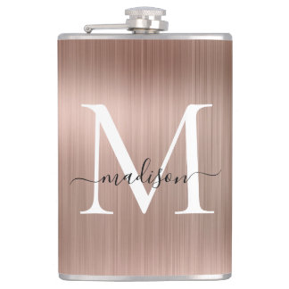 Rosa Rose Gold Girly Monogram Bürstenmetall Flachmann