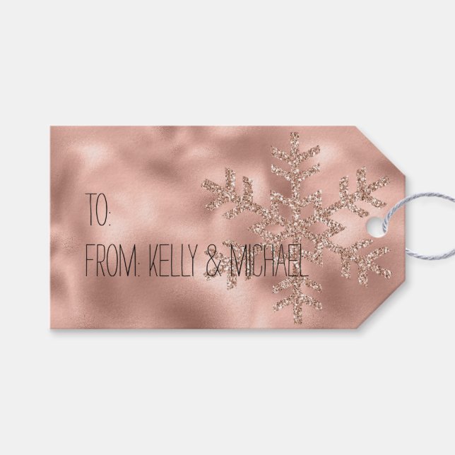 Rosa Rose Gold Glam Glitzer Snowflake Geschenkanhänger (Vorderseite (Horizontal))