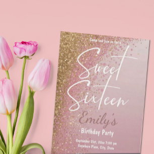 Rosa Rose Gold Glitzer 16 . Geburtstag Party Einladung