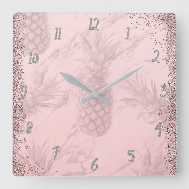 Rosa Rose Gold Glitzer Ananas Tropischer Chic Quadratische Wanduhr (Vorderseite)