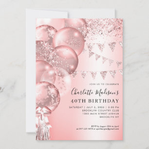 Rosa Rose Gold Glitzer Ballon jedes Alter Geburtst Einladung