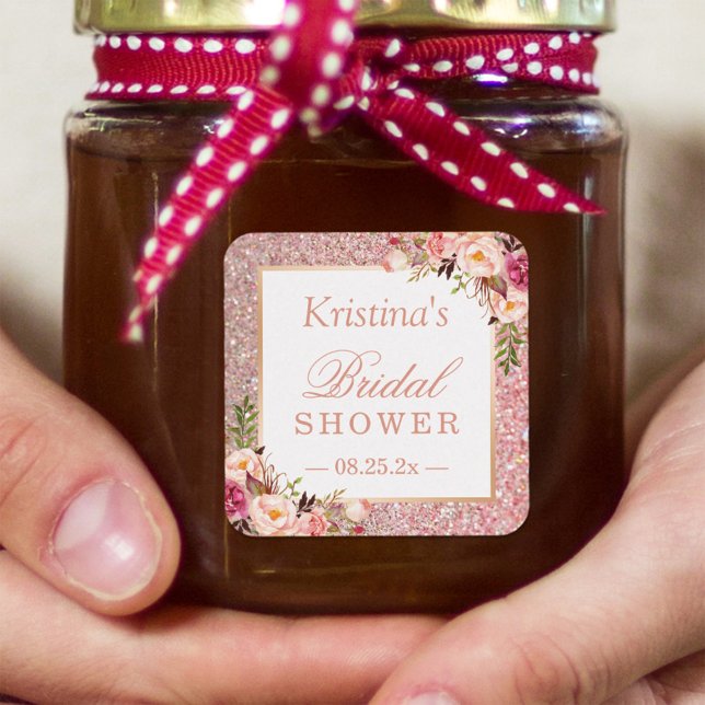 Rosa Rose Gold Glitzer Blumengefälligkeit Brautpar Quadratischer Aufkleber (Von Creator hochgeladen)