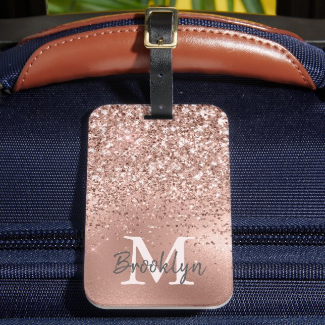 Rosa Rose Gold Glitzer Confetti Monogram Initial Gepäckanhänger (Vorderseite Insitu 2)