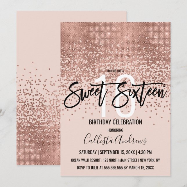 Rosa Rose Gold Glitzer Confetti Sweet 16 Einladung (Vorne/Hinten)