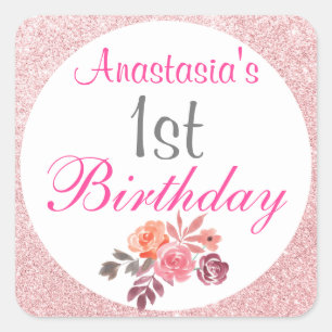 Rosa Rose Gold Glitzer Floral 1. Geburtstag Quadratischer Aufkleber