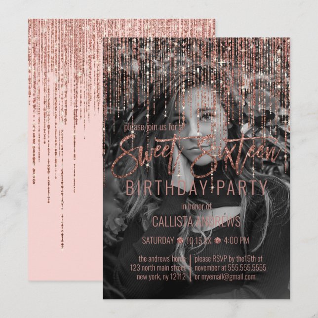 Rosa Rose Gold Glitzer Fringe Foto Sweet 16 Einladung (Vorne/Hinten)
