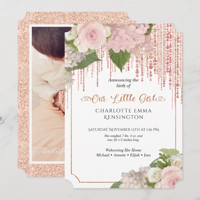 Rosa Rose Gold Glitzer Girl del Malcantone Einladung (Vorne/Hinten)